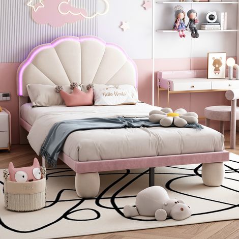 Kinderbett 90/200 cm beige/rosa aus Samt mit LED-Kopfteil (1/5)