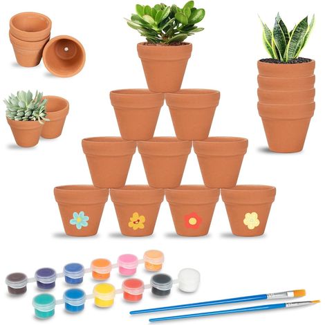 24 Pièces Mini Pots de Fleurs en Terre Cuite, 3,5 x 3 cm Pot de Plante Terre Cuite avec 12 Couleurs et 2 Pinceaux, Petit Pot de Fleur en Argile avec Trou de Vidange pour Cactus Succulentes (1/5)