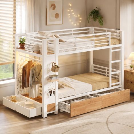 Lit Superposé 90x200cm - Lit Enfant Haut Métal avec LED 4 Tiroirs Rangements et Penderie Certifié EN747 - Blanc (1/5)