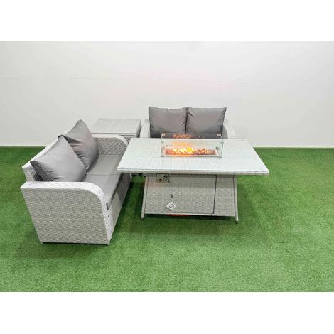 Fimous 4 Seater Outdoor Love Sofa Set Rattan Garden Furniture Set with Firepit Dining Table Side Table Light Grey (1/4)