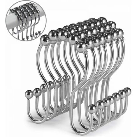 Crochets de rideau de douche, 12 pièces, anneaux de rideau de douche, rouleau en acier inoxydable, résistant à la rouille, double crochets de douche coulissants anti-chute pour rideaux de salle de bai (1/5)