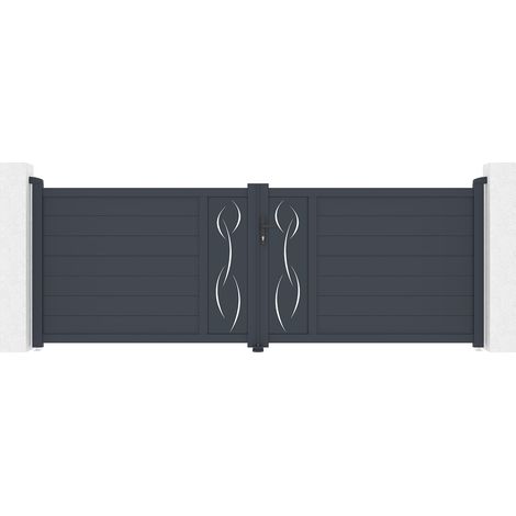 Casanoov – Portail aluminium battant 3,5m – Hauteur 126cm – Gris anthracite RAL 7016 – Plaques décoratives motif 'LIFE' – Montage facile (1/5)