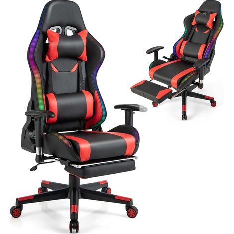 COSTWAY Chaise Gaming RGB/LED, Chaise Gamer Ergonomique avec Soutien Lombaire, Fauteuil Gamer avec Accoudoir Réglable, Appui-tête (Rouge) (1/5)