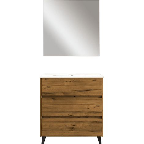 Kibath Mueble de baño con Lavabo, Espejo y Aplique LED SIREX 80x45 cm acabado TECA Claro mate 3 cajones con patas (1/5)