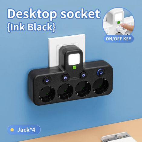 Multiprise noire 4 prises électriques avec 4 interrupteurs individuels marche arrêt 10 A 2400 W prise multiple compacte à brancher sur prise murale pour maison bureau et espace de travail