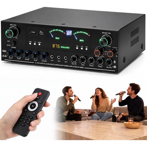 Amplificateur stéréo HiFi 5.1 canaux, puissance de crête 3000 W, caisson de basses home cinéma, amplificateur avec Bluetooth 6.0, lecture USB/SD, 3 entrées microphones, 8 niveaux d'extrémité avec