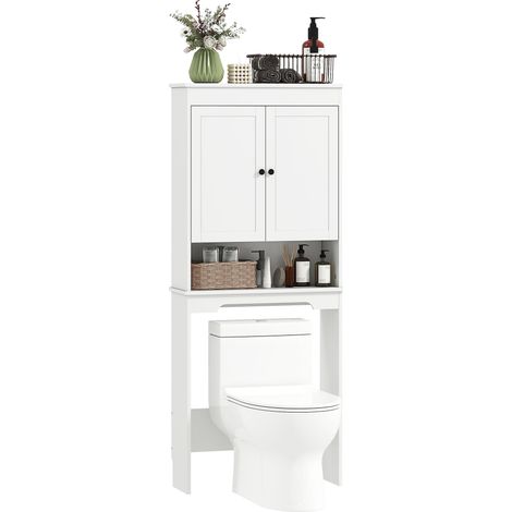 Meuble de toilette avec 3 étagères fermées et une étagère ouverte, en bois, 65 x 22 x 161 cm, blanc (1/5)