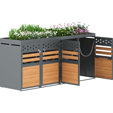Box Porta Bidoni 4 Posti con Tetto Fioriera, Acciaio Zincato Antracite, Ante Effetto Legno, per Esterno