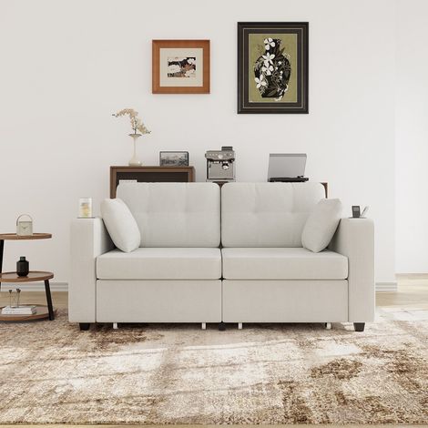 Sofá de 2 plazas - 172 x 75 x 82 cm - con cajones de almacenamiento, USB y portavasos - de chenilla beige (1/5)