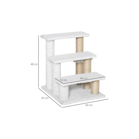 Escalier pour chat blanc à 3 marches en peluche et jute avec poteaux à griffer et balle pour salon, chambre et intérieur (1/5)