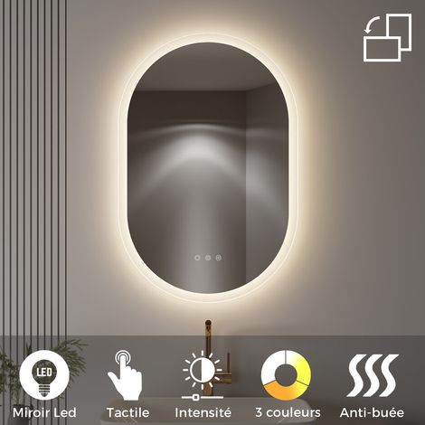Miroir Mural LED Lumineux ovale 60 x90 cm réversible (2100 LMS) Tactile : antibuée + intensité et Couleur réglables - collection Salle de Bain CLUB