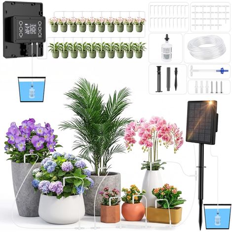 Arrosage Goutte à Goutte Énergie Solaire, 2000mAh Système D'irrigation Solaire, Automatique pour 20 Plantes en Pot avec 15M Tuyau Arrosage, Programmateur Arrosage Automatique pour Vacances Balcon (1/5)