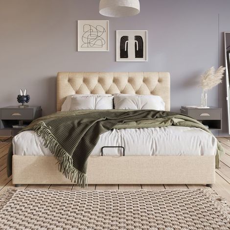Lit 160x200 - KOMHTOM - Lin Naturel - Matelas 620 ressorts - Rangement hydraulique - Sommier à lattes métal (1/5)