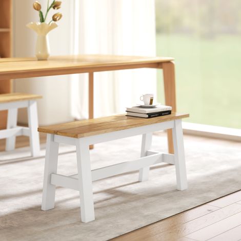 Banc 2 places, banc en bois aspect chêne, barre transversale de stabilisation, pour salon, salle à manger, couloir, bois d'hévéa, blanc (1/5)