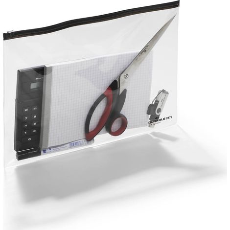 Durable 247901 - Zip Bags, busta trasparente con zip f.to A4 per l'archiviazione, trasporto e custodia di documenti, nero, confezione da 5 pezzi (1/2)
