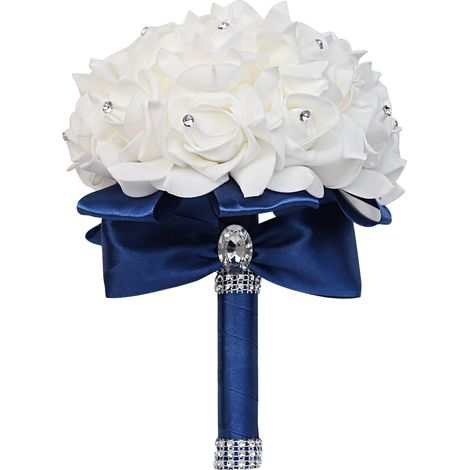 Tenant des fleurs artificielles Rose Bouquet de mariage avec ruban de Satin de soie Champagne demoiselle d'honneur fête nuptiale-bleu marine (1/4)