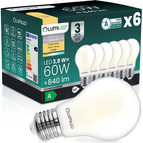 Ampoule LED E27 A60 - 3,8 W - 840 lm - 2700 K Blanc Chaud - Filament 360° - Classe Énergétique A - Lot de 6 (1/5)
