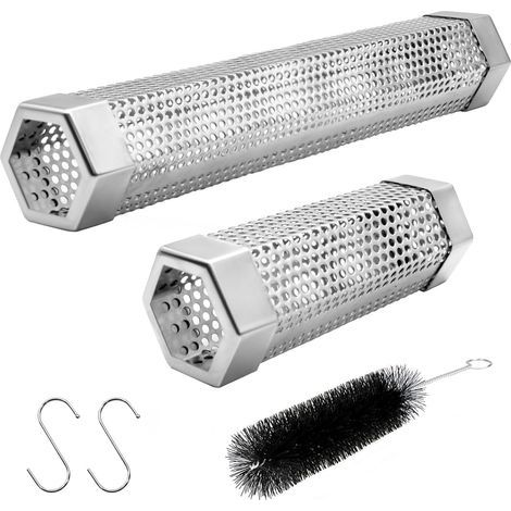 Set of 6-inch and 12-inch stainless steel pellet smoking tubes for BBQ with brush and 2 hooks for 2.5 hours/5 hours cold/hot inflation for all BBQs or (1/2)