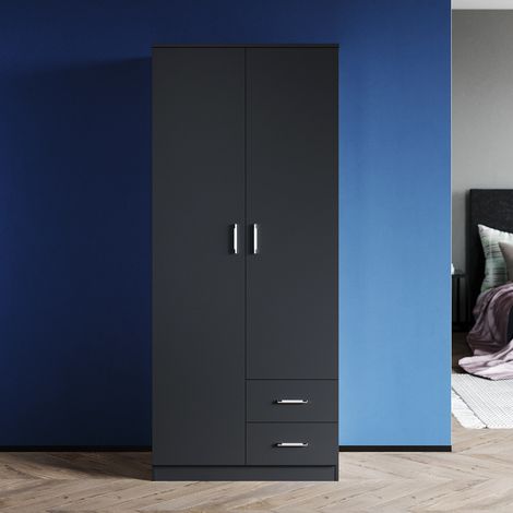 ELEGANT Wardrobe Double 2 Doors Wardrobe with Drawers Modern Bedroom Large Storage Wardrobe Black (1/5)