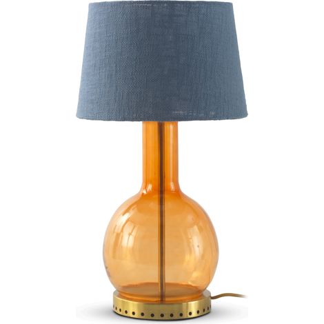Orangefarbene Glas-Tischlampe mit blauem Baumwollschirm (1/2)