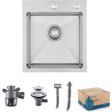 Evier Inox 1 Bac Avec Siphon Évier de Cuisine 2 Trou de Robinet 40×45 cm (1/5)