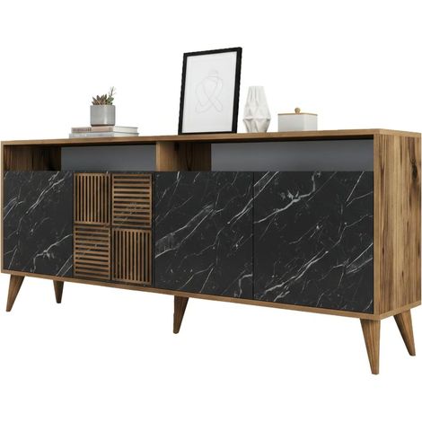 Credenza Benjamin, Madia 2 Ripiani, Apertura Battente, 4 Ante, 180x35x79h cm Marrone Noce