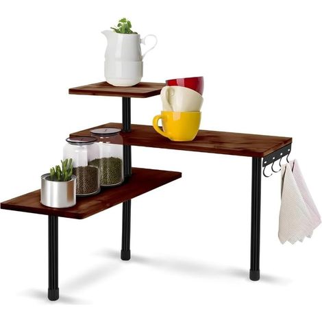 Étagère d'angle pour cuisine, 3 étagères, bois bambou, structure en acier, meuble angulaire porte-épices en bambou avec crochets (1/5)