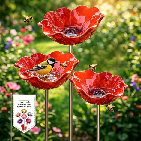 3 pezzi di vaschetta per uccelli in metallo con fiori, spiedini da giardino fatti a mano, vaschette per uccelli resistenti all'inverno e acqua anti-insetti, vaschetta per uccelli da giardino e patio 3 (1/5)