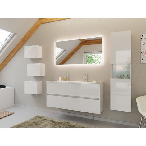 Doppel-Badmöbel Set Taifun 4tlg. 120 cm LED Spiegel 3er Boxen und Hochschrank weiß