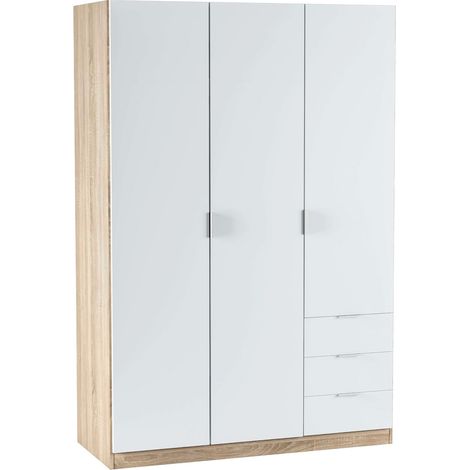 Armadio Guardaroba 3 Ante Con Asta Appendiabiti 3 Ripiani E 3 Cassetti Design Moderno Stile Nordico Salvaspazio Camera Da Letto Ospiti Multifunzione 121 x 52 x 180 Cm Bianco E Rovere