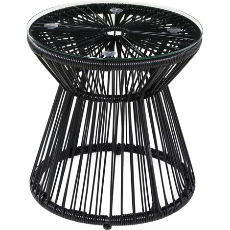 Table de jardin ronde en forme de tambour creux, table de bistrot avec plateau en verre, table basse noire pour jardin et balcon