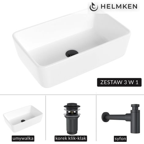 Helmken 67448000 Aufsatzwaschbecken (48x29,5) Weiß + Mattschwarzer Siphon + Mattschwarzer Klick-Klack-Verschluss (1/5)
