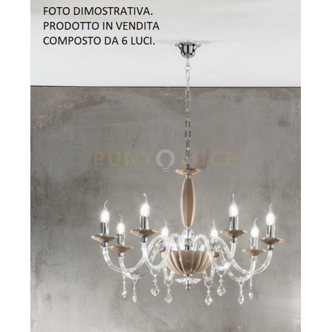 LAMPADARIO CECILIA 6 LUCI VETRO E CRISTALLO TORTORA E TRASPARENTE ATTACCO E14 D.60CM