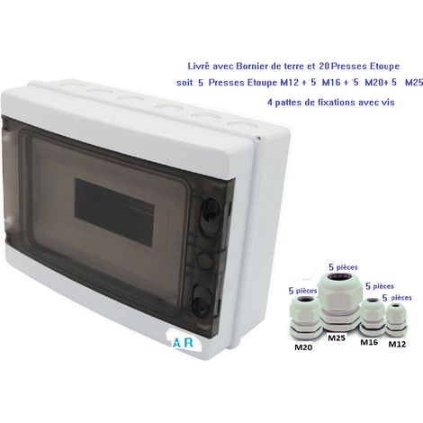 Coffret électrique étanche 1 rangée de 12 modules apparent IP65 + borniers de terre et 20 Presse étoupe