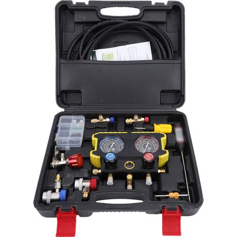 KIT MANOMÈTRE CLIMATISATION, DOUBLE MANOMÈTRE R134A R22 R410, AVEC TUYAUX ET ACCESSOIRES, POUR VOITURES THERMIQUES ET ÉLECTRIQUES, BOÎTIER INCLUS (1/5)