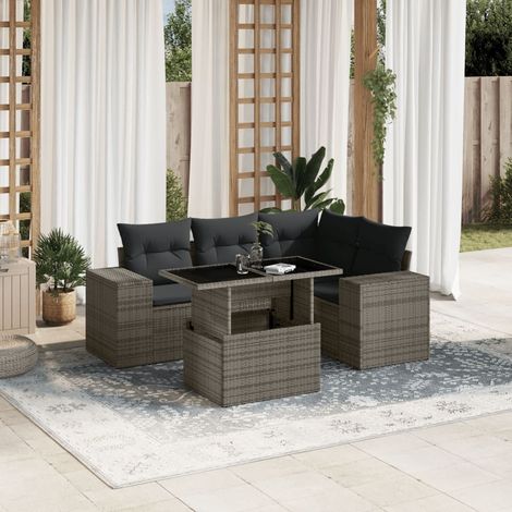Salon de jardin 5 places en résine tressée grise avec coussins lavables et table à hauteur réglable (1/5)