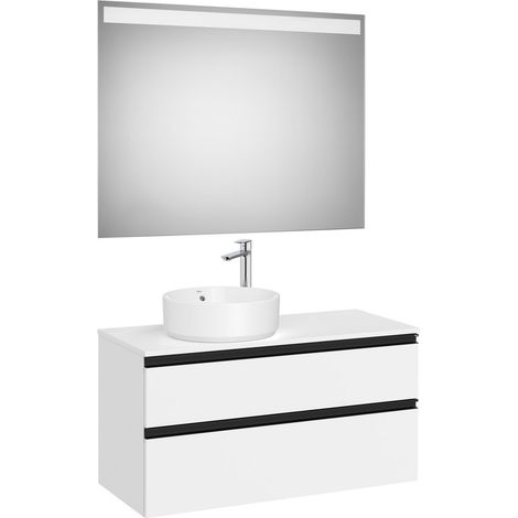 Pack meuble "The gap" 1000 pour vasque à gauche - 2 tiroirs + plan + miroir LED - blanc mat/poignées noires - Roca (1/2)