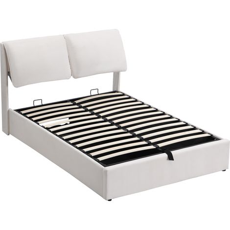 Lit rembourré, 140200, lit hydraulique, trois tiroirs, coffre de rangement, sommier à lattes avec tête de lit, sans matelas, velours, beige