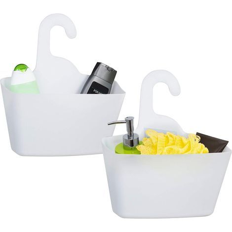 Elegante cesta de ducha colgante de plástico blanco, 2 cestas de almacenamiento para el hogar con gancho, instalación sin taladros ni herramientas. (1/5)