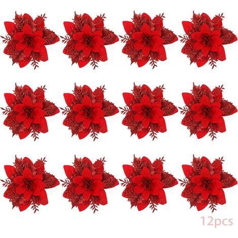 Fleurs de Noël, 12 fleurs de Noël pailletées, fleurs de Noël creuses pailletées, poinsettias, décorations artificielles pour sapin de Noël, ornement, Noël (Rouge-B) (1/5)