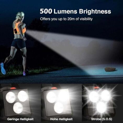 NALOOKAMIC Lampe de Course à Pied LED rechargeable par USB pour poitrine, réglable à 120°,500 lumens,Éclairage Pour Course avec bandes réfléchissantes pour Jogging,Promenade,Sports Extérieur [Classe é