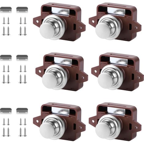 Cerradura de botón pulsador, juego de 6, cerradura metálica sin llave, cerradura, cerradura para muebles, marrón, autocaravana, caravana, botón de bloqueo, pestillo de botón pulsador para puerta, mueb (1/5)