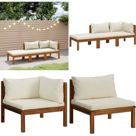 Muebles de jardín 3 pzas madera maciza de acacia cojines crema - Sofás de exterior - Cojines para sofás