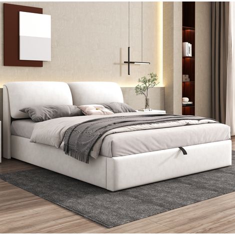 Letto imbottito moderno in velluto beige 180x200 cm con testiera regolabile, 3 cassetti, vano contenitore idraulico e rete a doghe