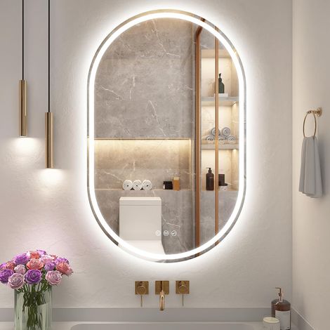 Miroir Salle de Bain avec Eclairage 50x80cm, Bluetooth Miroir LED Salle de Bain avec Anti-buée, 3000K/4000K/6500K, Mémoire, Verre trempé HD, IP44 Miroir Salle de Bain LED, Horizontal/Vertical (1/5)