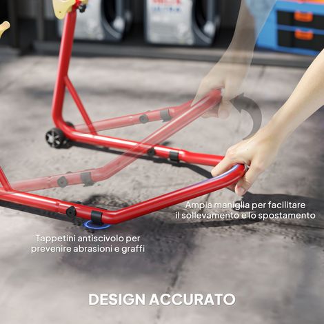 Support moto rouge 544 kg, fourches ajustables en U et L, roulettes et roulements anti-dérapants fournis (1/5)