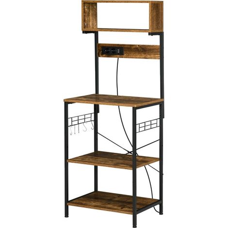 SCAFFALE CUCINA CON MULTIPRESA. RIPIANI E GANCI STILE INDUSTRIALE. 60X42X153CM. MARRONE (1/5)