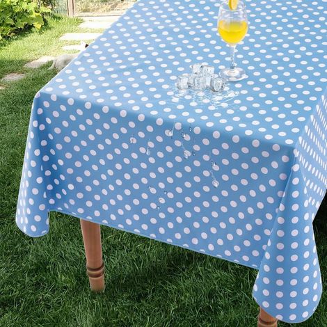 Nappe cirée 100x140 cm Bleu à pois, résistante aux intempéries, imperméable, PVC