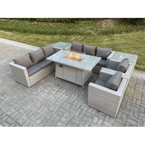 Fimous Polyrattan Gartenmöbel Set im Freien Gas Feuertisch Sofa Sets mit 2 Sessel 2 Beistelltisch Gas Feuerstelle Helles Grau (1/5)