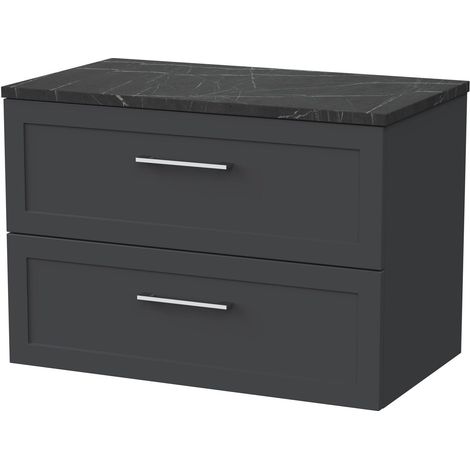 Stonnall Traditional Wall Hung 2 Drawers Vanity Unit with Black Pietra Marble Laminate Worktop, 800mm, Dark Grey